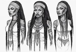 African female valkyre full body angelic
slim face long braided hair tattoo idea