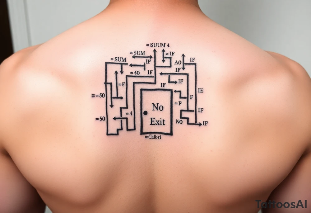 "Rat maze tattoo made of Excel formulas (=SUM, =IF). Exit door says 'No Exit' in Calibri font. Black ink, schematic style." tattoo idea