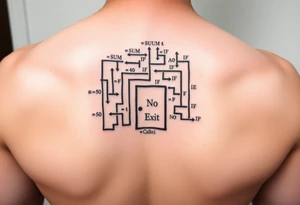 "Rat maze tattoo made of Excel formulas (=SUM, =IF). Exit door says 'No Exit' in Calibri font. Black ink, schematic style." tattoo idea