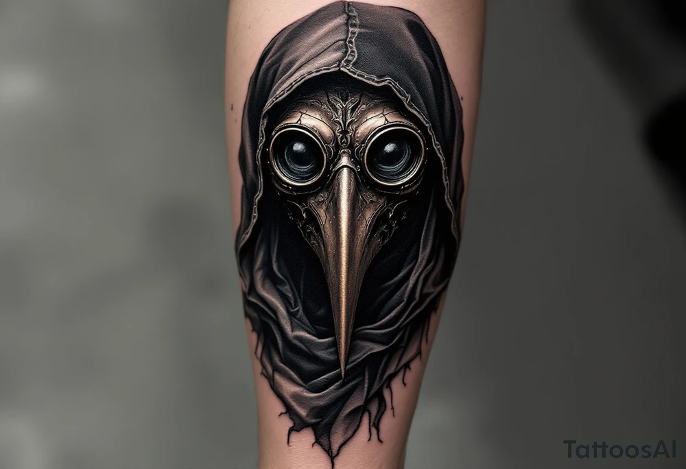Dark Victorian Plague Doctor – A black-robed figure with a leather beaked mask and round glass eye lenses. The mask appears aged with cracks and faded brown leather tones, and the robe has intricate gothic stitching. tattoo idea