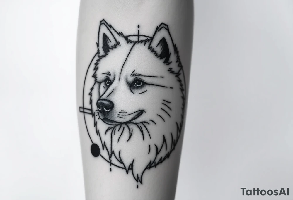 I would like a tattoo in a geometric-realistic style. I want it to depict my dog, a Samoyed (photo attached), combining his face with a design that includes lines, circles, and emotional or symbolic details—like a landscape or a memory connected to him."

If you’d like to customize it more with references to snow, mountains, or other memories, I can tweak it for you! tattoo idea