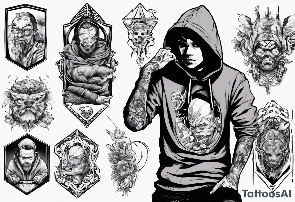 Guy wearing a hoodie sitting. tattoo idea
