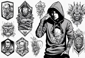 Guy wearing a hoodie sitting. tattoo idea