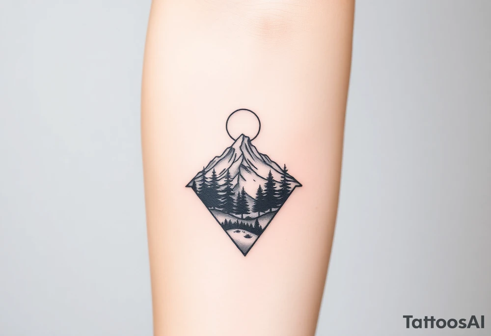 Pikes peak landscape with trees and moon in an arrowhead tattoo idea