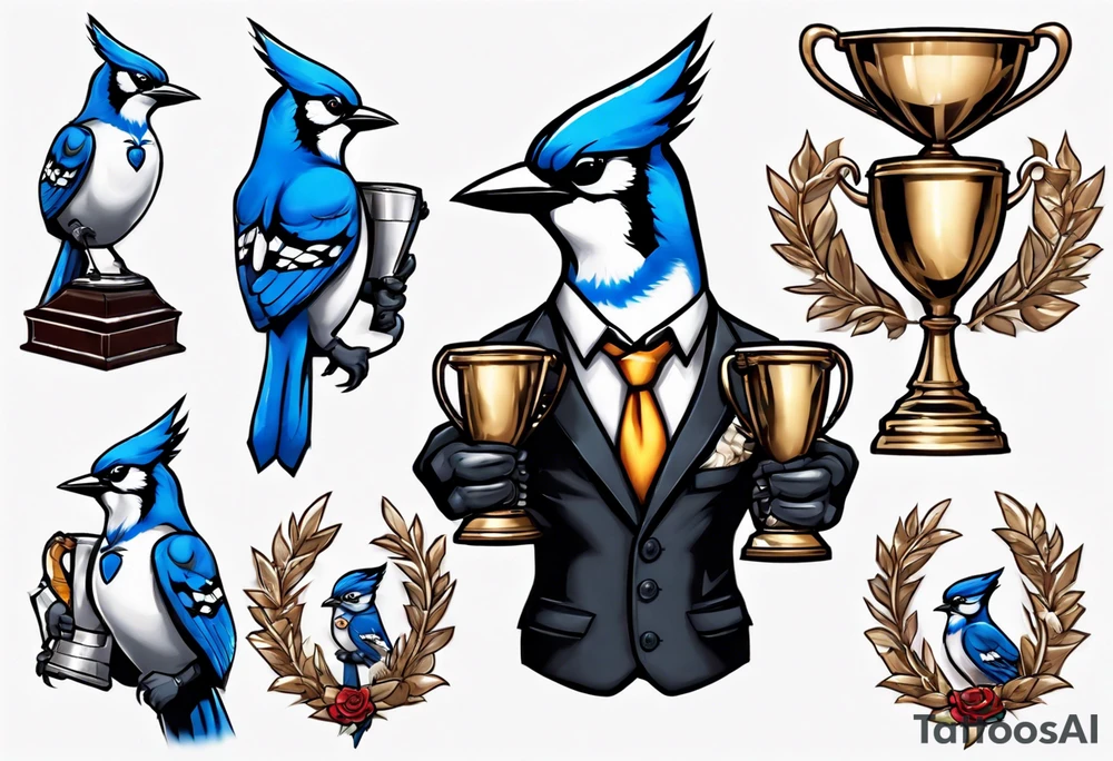 bluejay in a suit holding a trophy tattoo idea