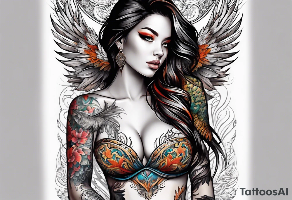 femme nu avec un tatou de phoenix tattoo idea