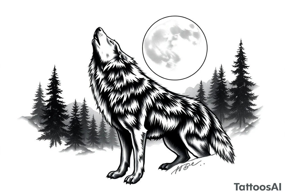 lone wolf howling at full moon with northern lights backdrop tattoo idea