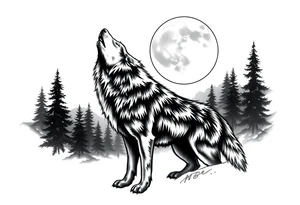 lone wolf howling at full moon with northern lights backdrop tattoo idea