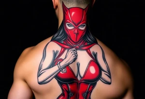 powerful female dominatrix wearing a red latex catsuit wearing a facemask tieing up her submissive tattoo idea