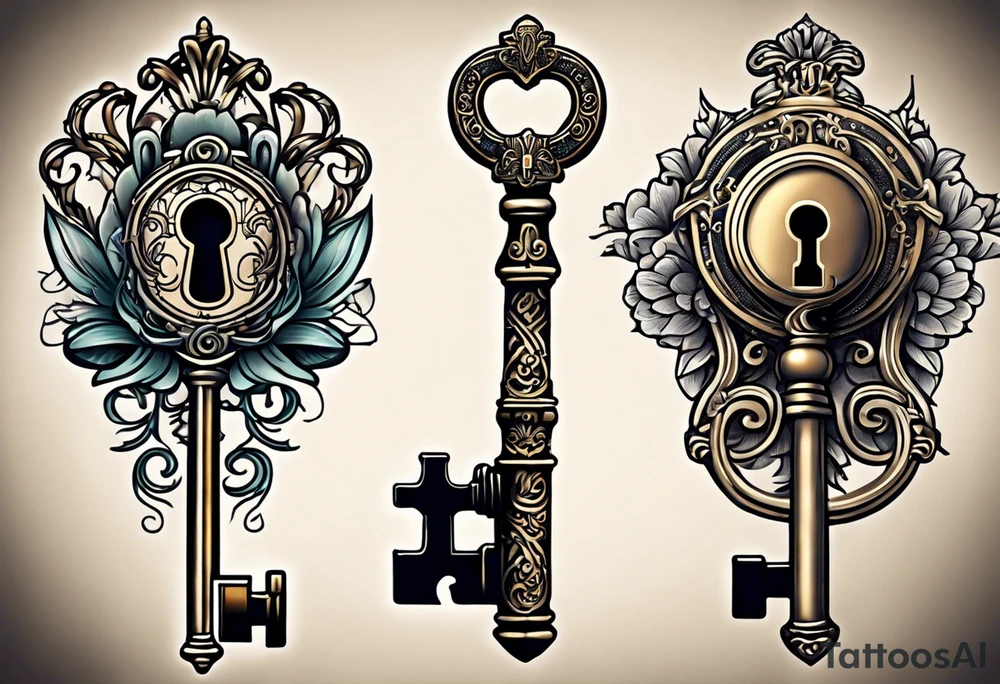 couple tattoos of an old antique key and lock, when the tattoos are side by side they look like the key unlocks the lock. tattoo idea