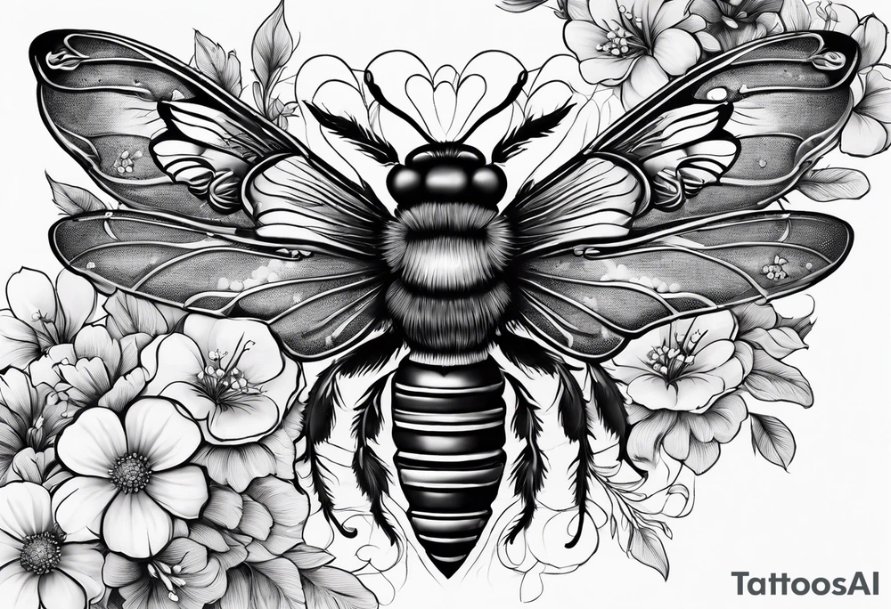 Image of a spine, with small flowers, bees and birds and hearts tattoo idea