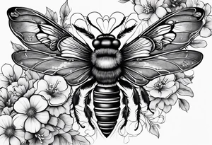 Image of a spine, with small flowers, bees and birds and hearts tattoo idea