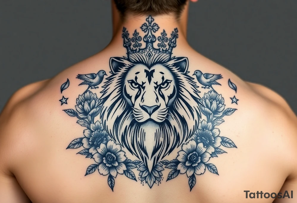 powerful majestic lion with a crown, surrounded by floral ornaments and birds tattoo idea