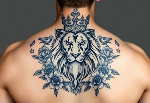 powerful majestic lion with a crown, surrounded by floral ornaments and birds tattoo idea