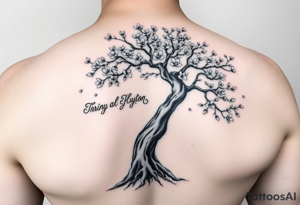 Bonsai weeping Cherry blossom tree of life with loved ones names in the roots and branches tattoo idea