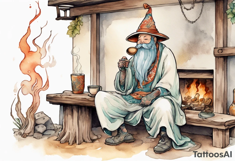 a myconid with a long beard wearing a tunic sitting on a bench by a fireplace drinking from a wood cup, smiling tattoo idea