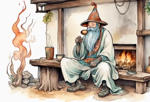a myconid with a long beard wearing a tunic sitting on a bench by a fireplace drinking from a wood cup, smiling tattoo idea