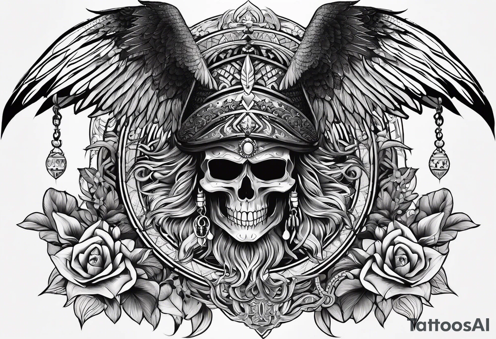 black kali, goddess pirate, alien, pachamama, valkrye, warrior, skull, lotus azul, wing, eagle, zenza resonance, stars, 5D tattoo idea