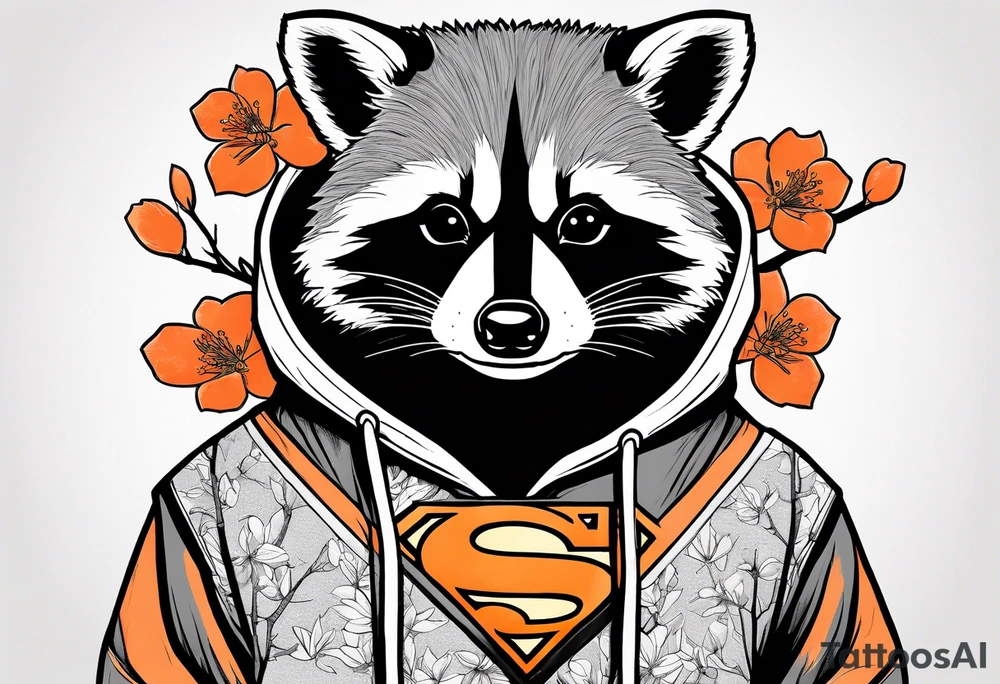 raccoon wearing a Superman hoodie with orange Japanese cherry blossoms tattoo idea