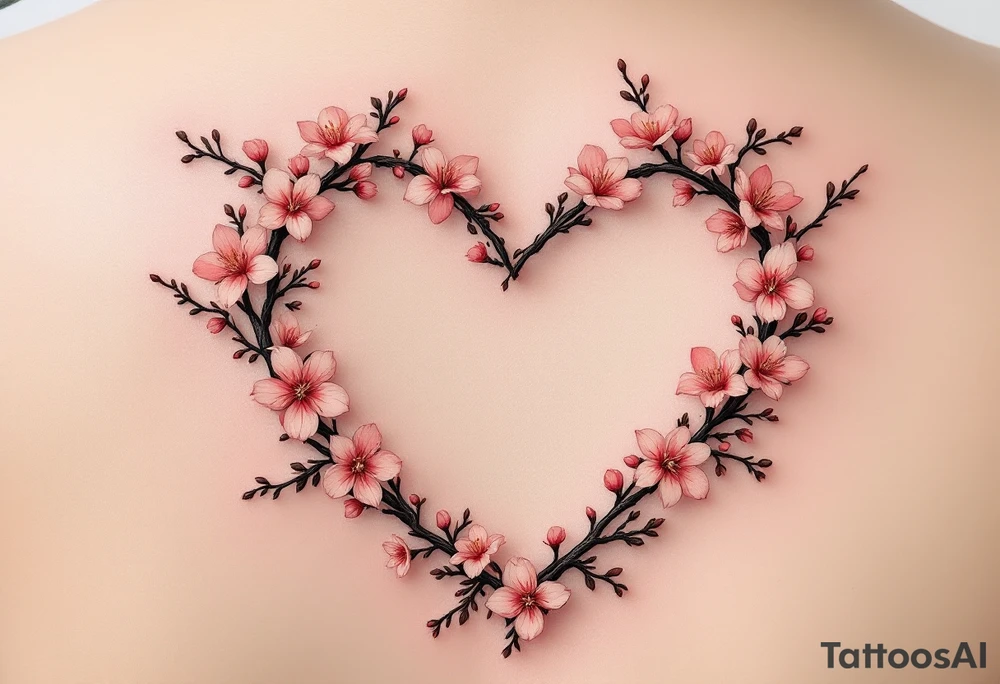 Cherry Blossom Heart Frame – Blossoms forming the shape of a heart, flowers in baby pink and coral, branches in dark brown, representing love and renewal. tattoo idea