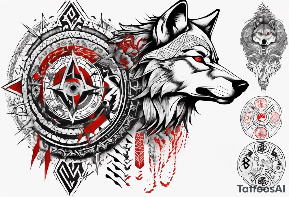 want a half sleeve on my left forearm featuring a side profile of wolf with a vegvisir for its pupil and red eye, surrounded by Māori patterns and Norse symbols tattoo idea