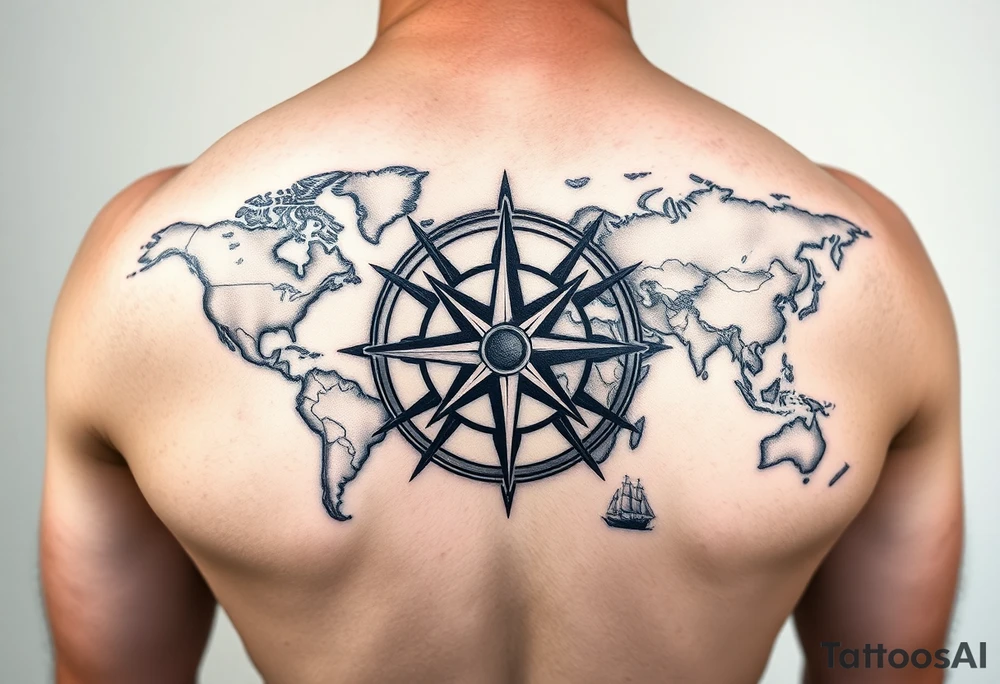 antique compass rose overlaid on weathered world map with sailing ships tattoo idea
