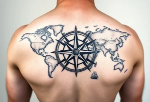 antique compass rose overlaid on weathered world map with sailing ships tattoo idea
