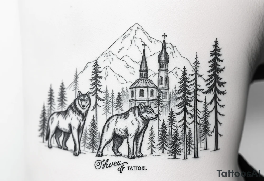 Nature/Landscape

Wolves in a pine forest (extending the tree line you already have)
A Russian bear emerging from the treeline
Snow-capped mountains behind the church scene tattoo idea