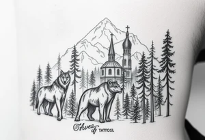 Nature/Landscape

Wolves in a pine forest (extending the tree line you already have)
A Russian bear emerging from the treeline
Snow-capped mountains behind the church scene tattoo idea