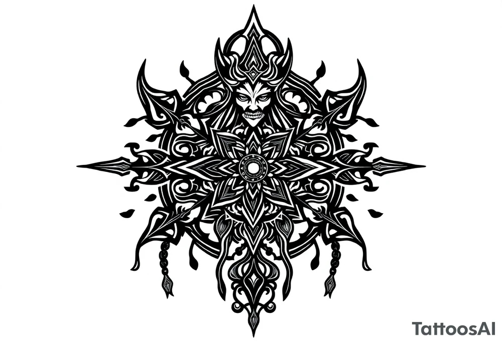 mystical dark and long ornament with shaman and witch style and ancient rhyme tattoo idea