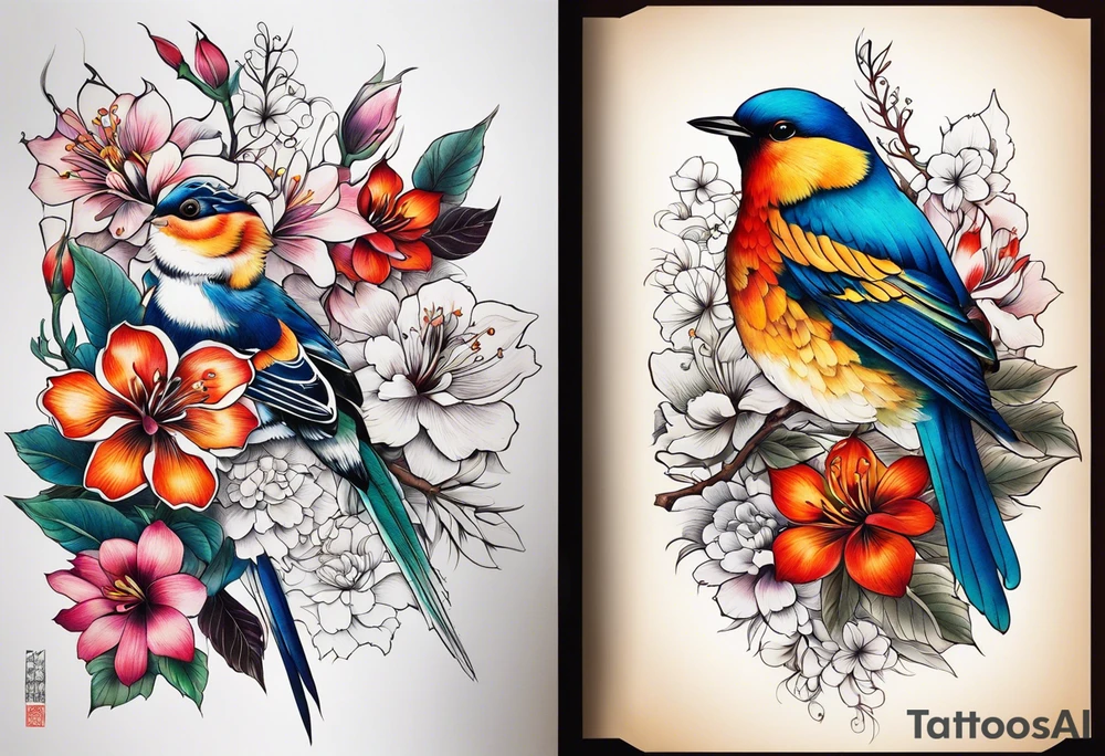 botanical, flowers, colorful, different tattoo idea