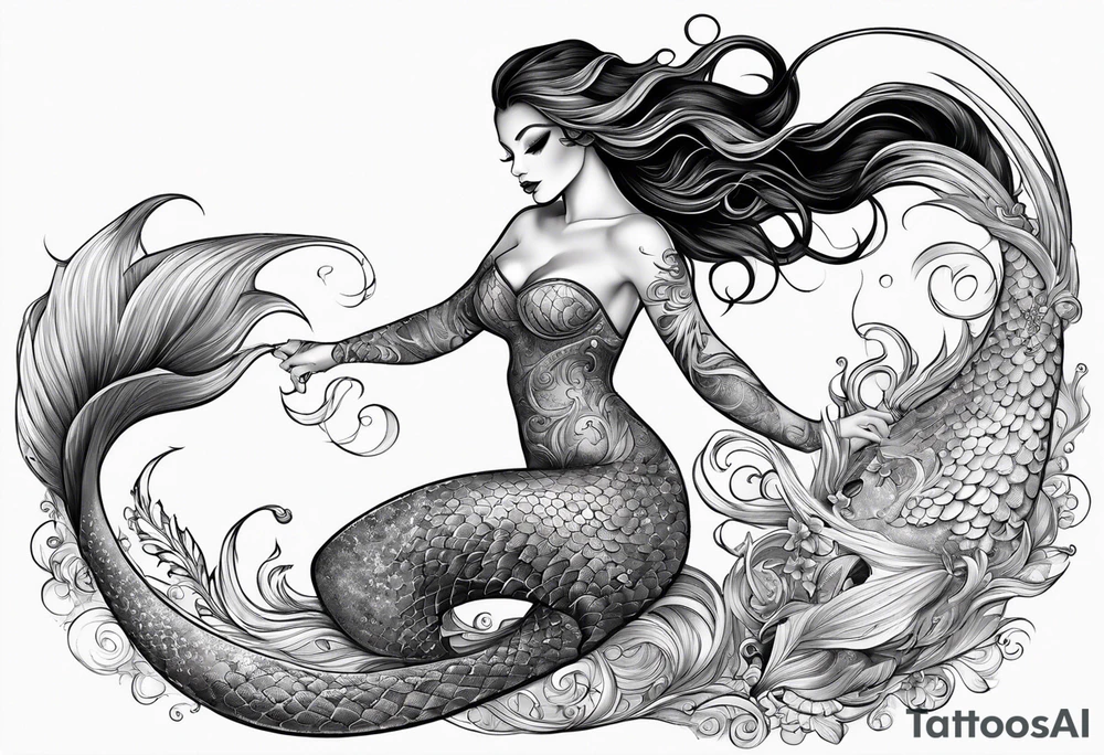 mystical sultery
 mermaid with long 
flowing tail and hair, tattoo sleeve tattoo idea