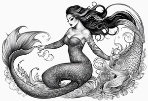 mystical sultery
 mermaid with long 
flowing tail and hair, tattoo sleeve tattoo idea