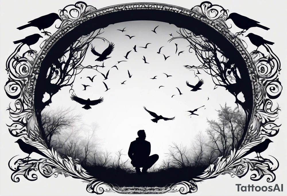 Silhouette of a man on his hands and knees bent over with crows coming out his back flying away. tattoo idea