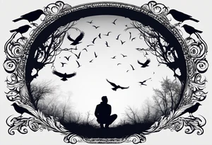 Silhouette of a man on his hands and knees bent over with crows coming out his back flying away. tattoo idea