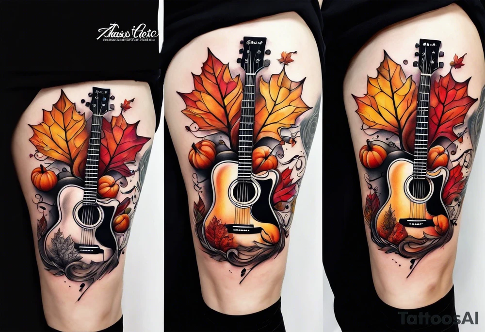 thigh tattoo with fall colors music symbols and a guitar tattoo idea