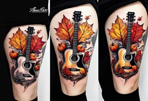 thigh tattoo with fall colors music symbols and a guitar tattoo idea