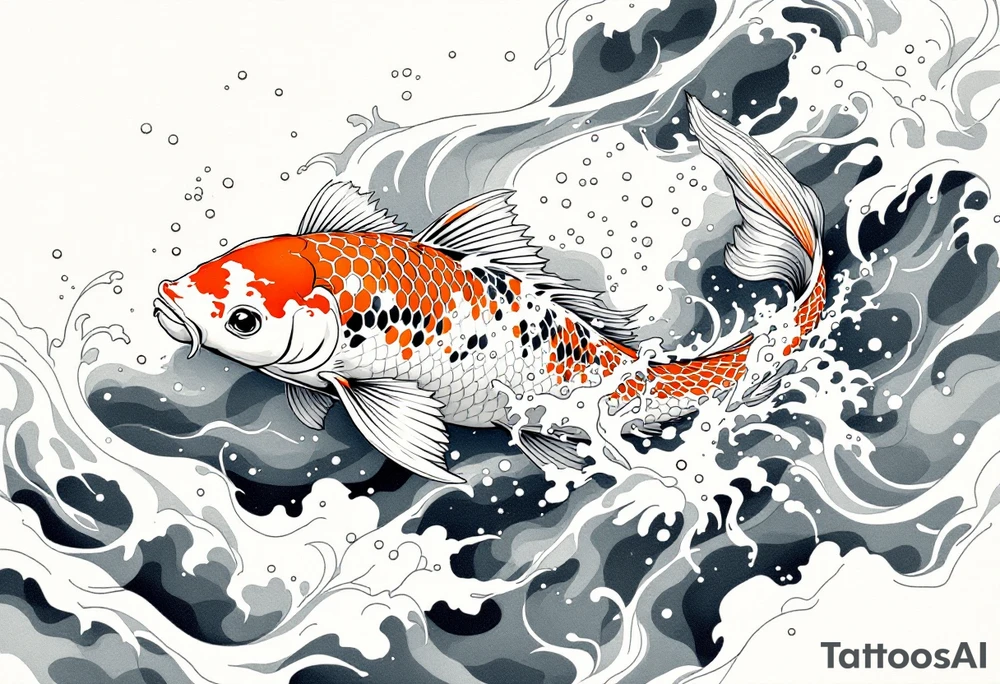 traditional koi fish swimming upstream through turbulent waves tattoo idea