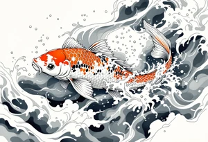 traditional koi fish swimming upstream through turbulent waves tattoo idea