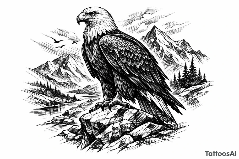 an eagle standing on a rock,landscape. tattoo idea