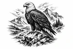 an eagle standing on a rock,landscape. tattoo idea