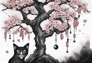 elongated hanging cherry blossom branch meeting with a dying pine tree with hidden cute demon cat tattoo idea