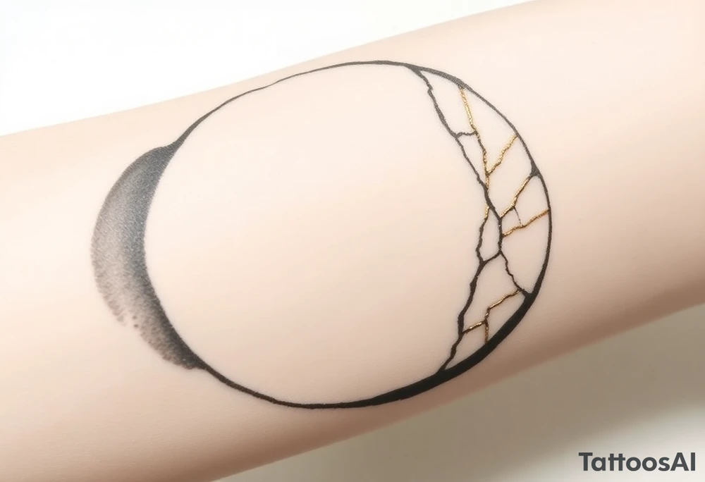 A minimalist Japanese‑inspired tattoo of a thick Zen ensō circle, drawn with a bold, hand‑painted black ink brushstroke. The circle is imperfect and organic, with visible texture and subtle variation in line thickness. About the last quarter of the circle, near the top‑right, transforms into a cracked ceramic segment that has been repaired using kintsugi: visible broken pieces outlined and joined by thin, flowing gold lines. The gold seams follow the natural fractures of the ceramic section, creating several branching cracks rather than a single line, clearly distinguishing this repaired portion from the rest of the smooth ink circle. The transition from ink to ceramic should feel natural, as if the painted circle solidifies into a fragile object that has been lovingly mended. Keep the interior of the circle empty (no tree, no mountains, no stars), with a clean white background and no extra symbols or text. Design it as a black and gray tattoo with a subtle metallic gold effect on the kintsugi seams, suitable for a medium‑sized placement on the inner forearm. tattoo idea
