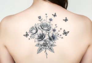 In a vertical line and individual water lily, rose, violet and narcissus. Surrounded by small delicate butterflies 

Not a bouquet tattoo idea