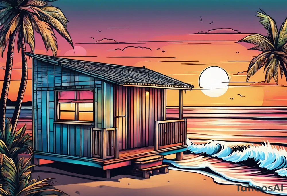 negative space linework cabana on a beach at sunset tattoo idea