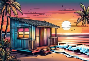 negative space linework cabana on a beach at sunset tattoo idea