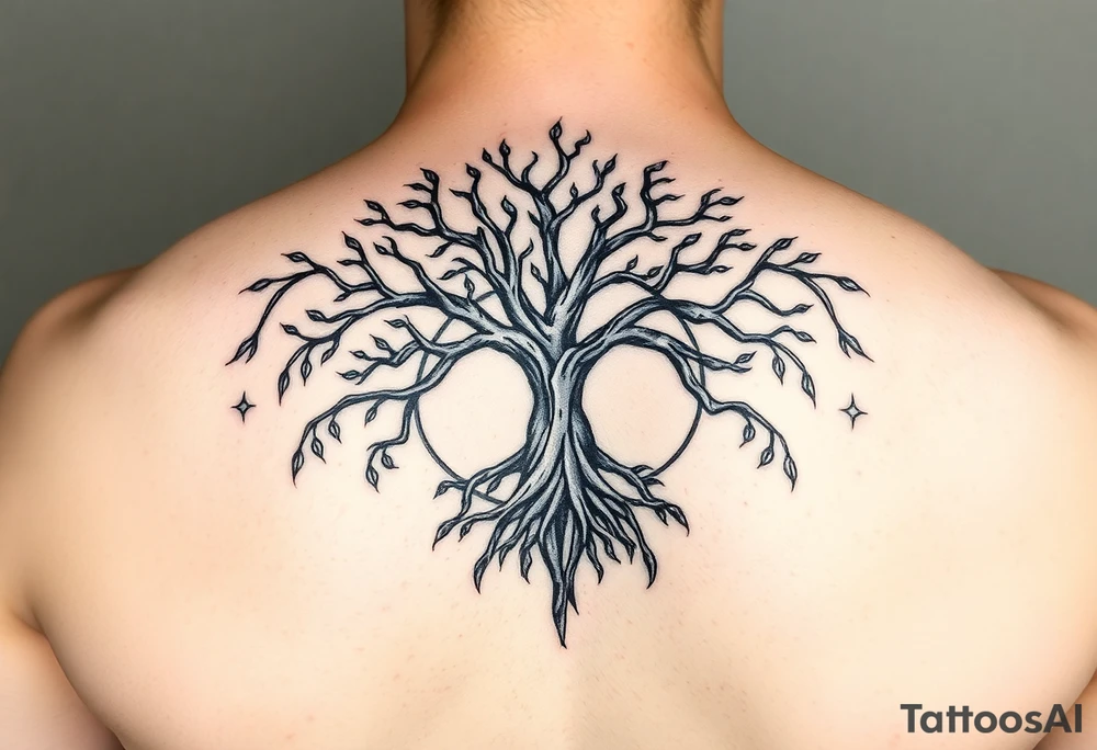 yggadrisl tree of life with circle. Jai , Phoebe, Imogen, Matilda in the circle tattoo idea