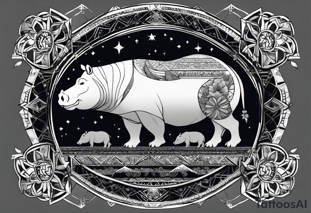 Very asymmetrical, +geometric pattern, with realistic full moon, with hippo at side look, +tribal, +geometric, +inkart , +blackwork, +grey scale, + sketch
with wintersweet flower bud, +inkart touch, +for men, detailed , combined favourite tattoo idea