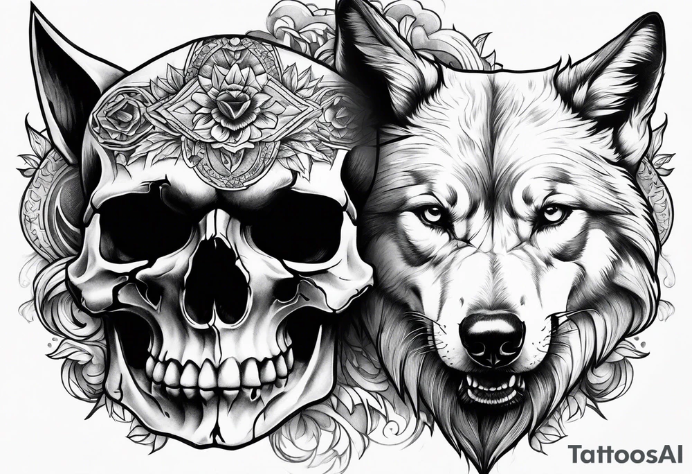 Skull with wolf on top tattoo idea