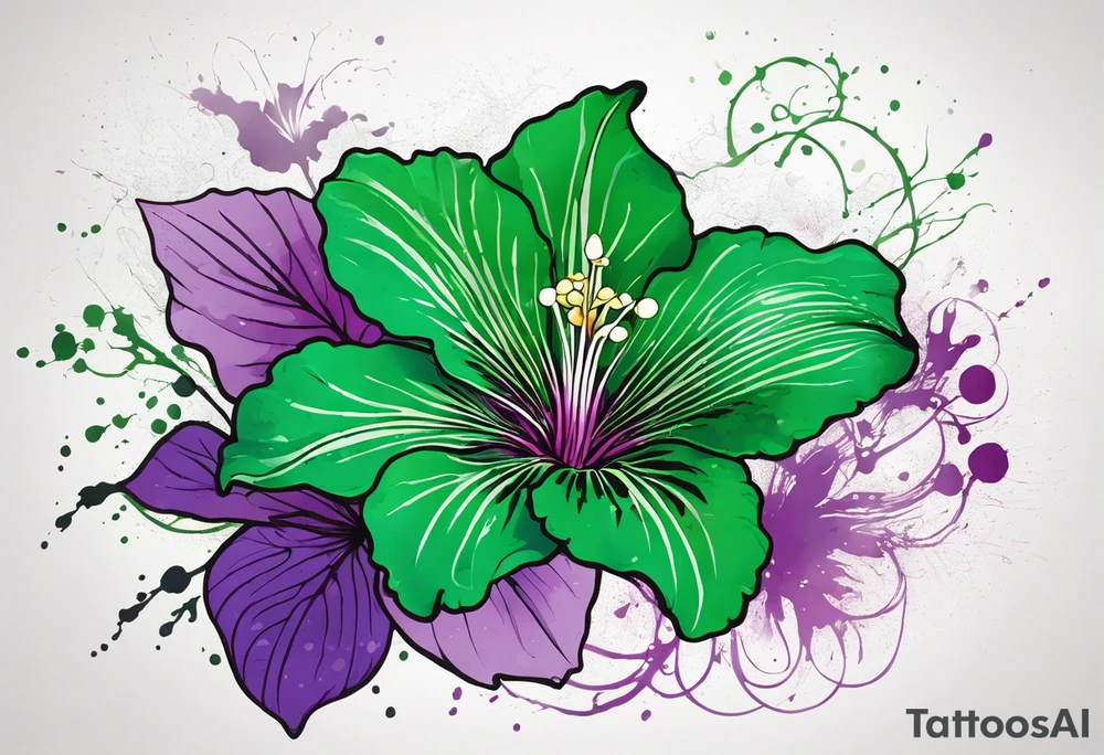 An outline of an only green rio dipladenia flower and a green and purple watercolor splash in the background tattoo idea